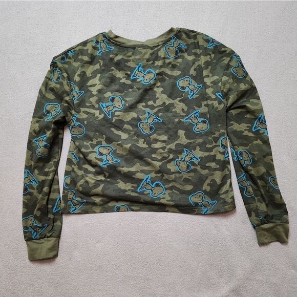 Peanuts Snoopy Tee Women’s S Long Sleeve Green Camo Print Soft Lounge Top - Picture 1 of 9